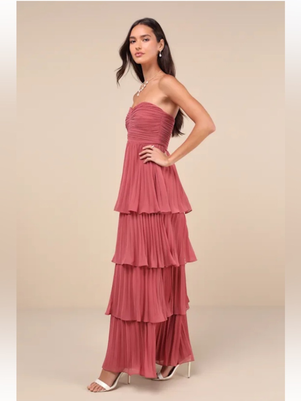 NWT Lulus Seriously Sensational Rusty Rose Strapless Tiered Maxi Dress - Picture 4 of 7